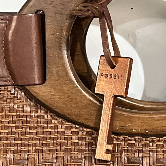 Vintage Fossil Shoulder Bag Wood Handle Rattan Brown Woven Wicker Dbl Handle - Picture 5 of 13